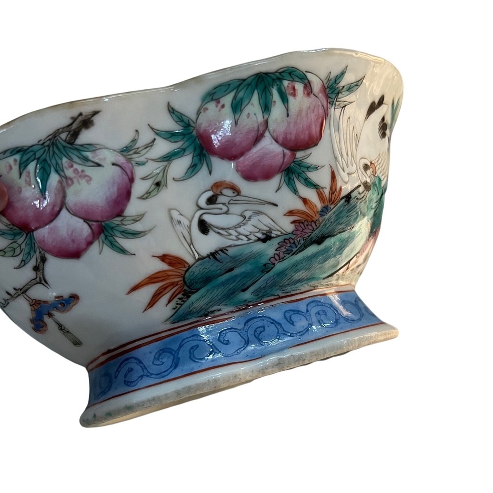 Vintage Chinese Famille Rose Porcelain Bowl Peach Crane Turquoise Glaze 4.75"